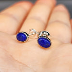 Natural Lapis Lazuli & Solid Silver Oval Stud Earrings