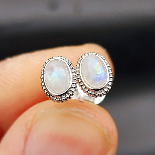 Natural Moonstone & Solid Silver Oval Stud Earrings