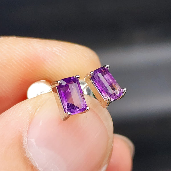 Natural Amethyst & Solid Silver Rectangle Stud Earrings