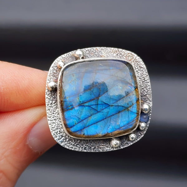 (O) Solid Sterling Silver & Natural Blue Labradorite Textured Handmade Square Ring