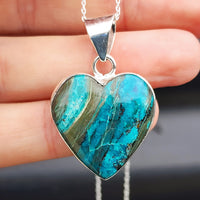 Solid Sterling Silver & Natural Blue Shattuckite Handmade Heart Pendant Necklace