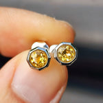 Natural Citrine & Solid Silver Hexagon Stud Earrings