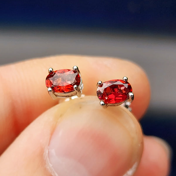 Natural Garnet & Solid Silver Oval Stud Earrings