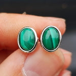 Natural Malachite & Solid 925 Sterling Silver Oval Stud Earrings