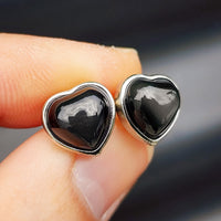 Natural Obsidian & Solid 925 Sterling Silver Heart Stud Earrings