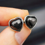 Natural Obsidian & Solid 925 Sterling Silver Heart Stud Earrings