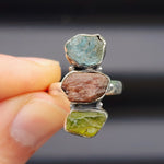 (Q) Solid Sterling Silver & Raw Mixed Gemstone Rustic Handmade Ring