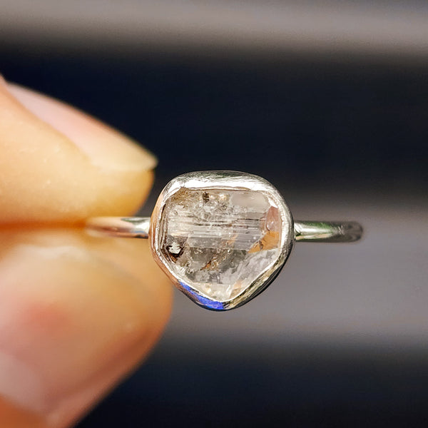(Q) Solid Sterling Silver & Natural Herkimer Diamond Irregular Setting Handmade Signet Ring
