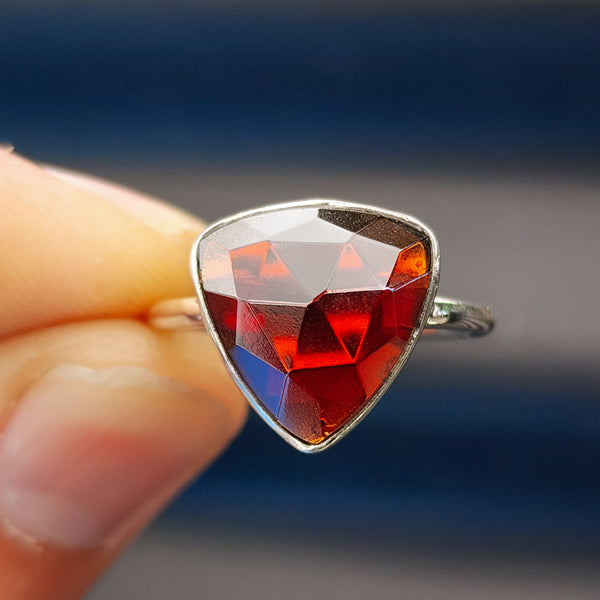 (Q) Solid Sterling Silver & Trillion Cut Rustic Red Zircon Handmade Ring