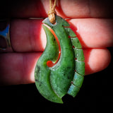 NZ Greenstone Pounamu Notched Fern Hook Pendant Necklace (N805)