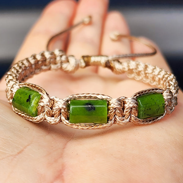 Greenstone Cylinder Macrame Bracelet (TAN)