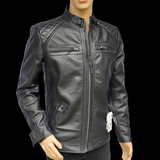 The Raven - Mens REAL Genuine Leather Jacket - Black Quilted Shoulders