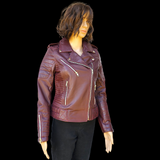 50% OFF SALE. Womens REAL Genuine Leather Jacket - Burgundy Ribbed Side Zip