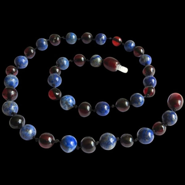 Amber Teething Necklace - Polished Cherry & Lapis Lazuli