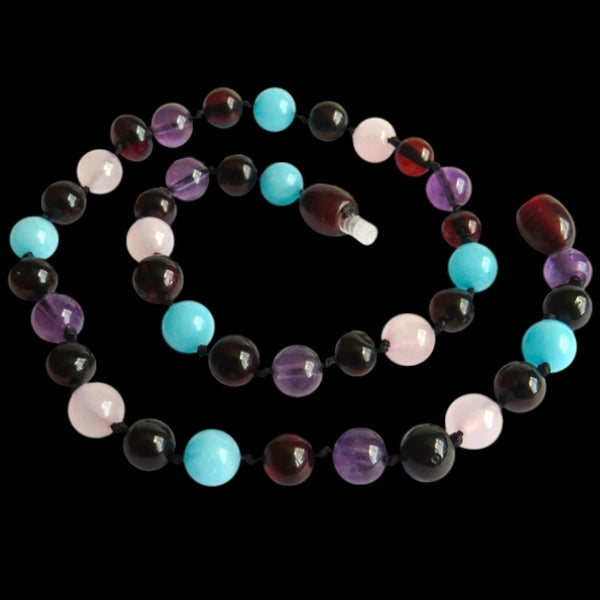 Amber Teething Necklace - Cherry Amber, Amethyst, Rose Quartz, Amazonite