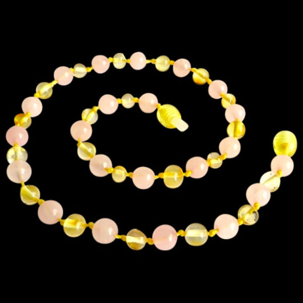 Amber Teething Necklace - Polished Lemon Amber & Rose Quartz