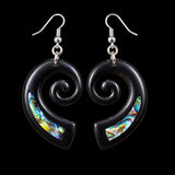 Koru Paua & Black Bone Carving Earrings