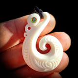Natural Carved Maori Bone Carving Pendant Necklace - Manaia With Paua Inlay