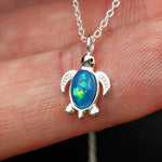 Childrens 925 Solid Sterling Silver & Created Opal Turtle Necklace