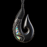 Koru Etched Hook Black Bone Carving Pendant Necklace