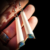 Natural Carved Maori Bone Carving Earrings - Rectangle Drops With Paua Bottoms