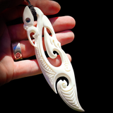 XXL Natural Carved Maori Bone Carving Pendant Necklace - Manaia