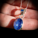 Solid 925 Sterling Silver & Natural Kyanite Oval Pendant Necklace