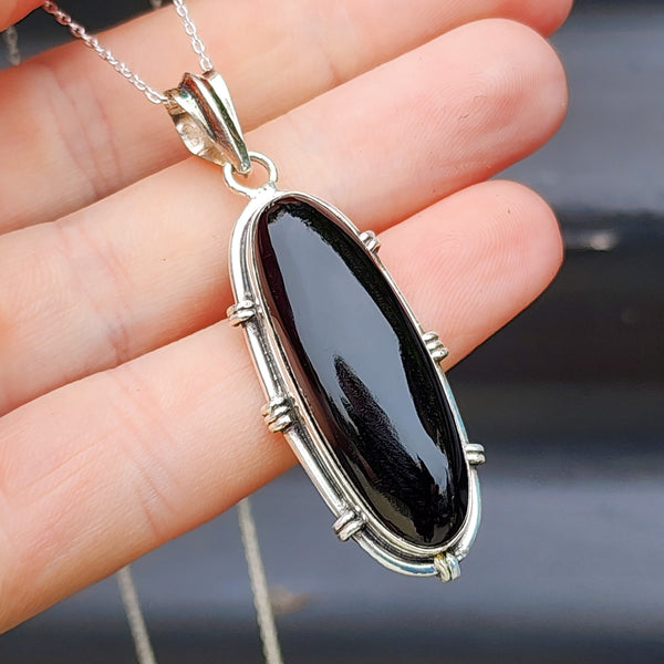 Solid Sterling Silver & Natural Black Onyx Handmade Pendant & Chain Necklace