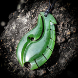 NZ Greenstone / Pounamu Notched Fern Hook Pendant Necklace (N640)