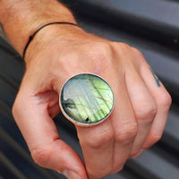 (T) Solid Sterling Silver & Natural Labradorite Round Handmade Solitaire Ring
