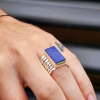 (T) Solid Sterling Silver & Natural Lapis Lazuli Rectangle Cage Band Handmade Ring