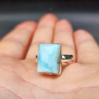(Q) Solid Sterling Silver & Natural Larimar Handmade Solitaire Ring