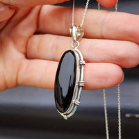 Solid Sterling Silver & Natural Black Onyx Handmade Pendant & Chain Necklace