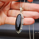 Solid Sterling Silver & Natural Black Onyx Handmade Pendant & Chain Necklace