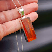100% Solid Sterling Silver & Natural Amber Handmade Rectangle Pendant Necklace
