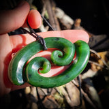 NZ Greenstone Pounamu large Double Koru Pendant Necklace (N807)