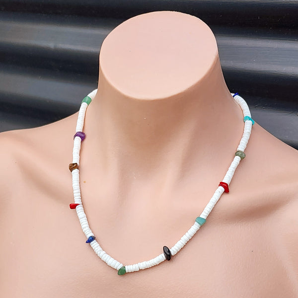White Coconut & Mixed Gemstone Surfer Choker Necklace