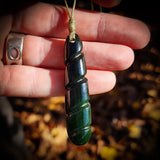 NZ Greenstone / Pounamu Dark Twist Drop Pendant Necklace (N677)
