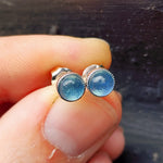 Natural Aquamarine & Solid 935 Sterling Silver Round Stud Earrings