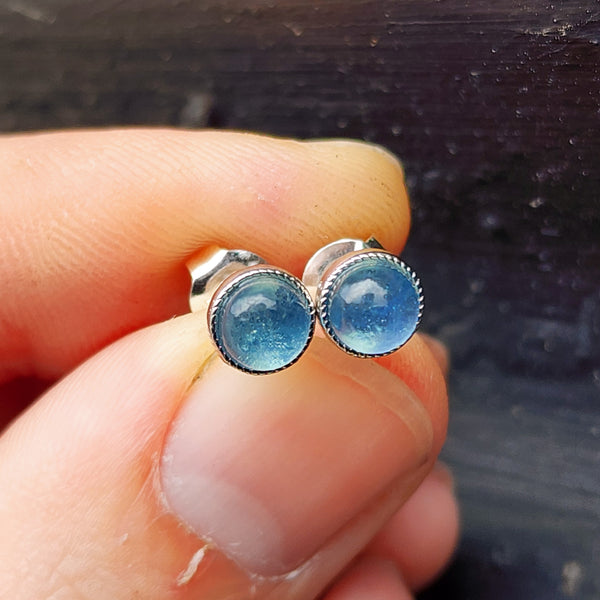 Natural Aquamarine & Solid 935 Sterling Silver Round Stud Earrings