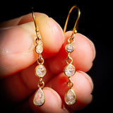 Solid 925 Sterling Silver Gold CZ 3 Setting Hanging Hook Earrings