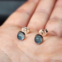 Natural Aquamarine & Solid 935 Sterling Silver Round Stud Earrings
