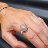 (T) Solid 925 Sterling Silver & Natural Rose Quartz Rustic Handmade Ring