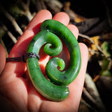 NZ Greenstone Pounamu large Double Koru Pendant Necklace (N807)