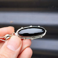 Solid Sterling Silver & Natural Black Onyx Handmade Pendant & Chain Necklace
