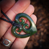 NZ Greenstone Pounamu Triple Koru Heart Pendant Necklace (N848)
