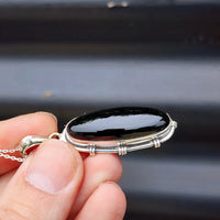 Solid Sterling Silver & Natural Black Onyx Handmade Pendant & Chain Necklace