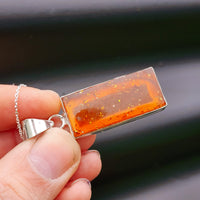 100% Solid Sterling Silver & Natural Amber Handmade Rectangle Pendant Necklace
