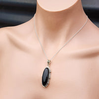 Solid Sterling Silver & Natural Black Onyx Handmade Pendant & Chain Necklace