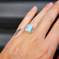 (Q) Solid Sterling Silver & Natural Larimar Handmade Solitaire Ring